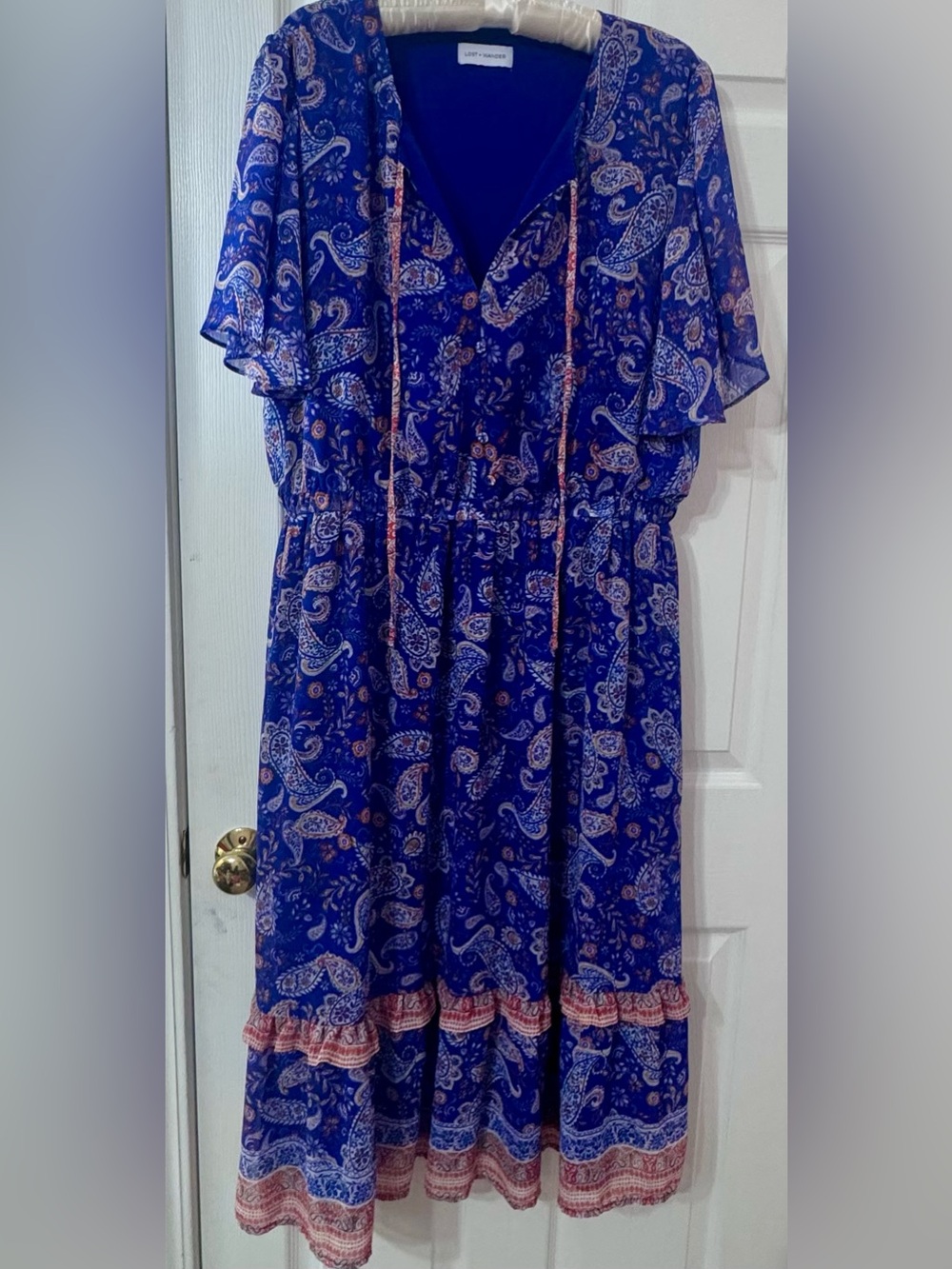 Lost + Wander Sunday Stroll Blue Paisley Midi Dress Boho V-Neck Flutter Sleeve